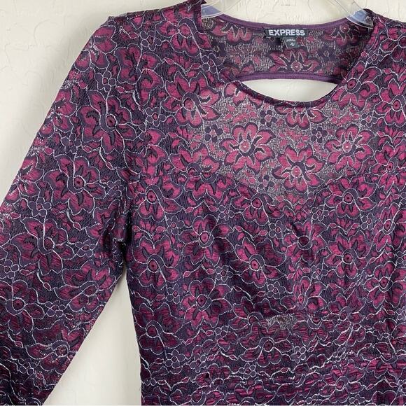 Express Floral Metallic Lace Long Sleeve Dress Purple Womens Sz M Party Preppy - Picture 5 of 12